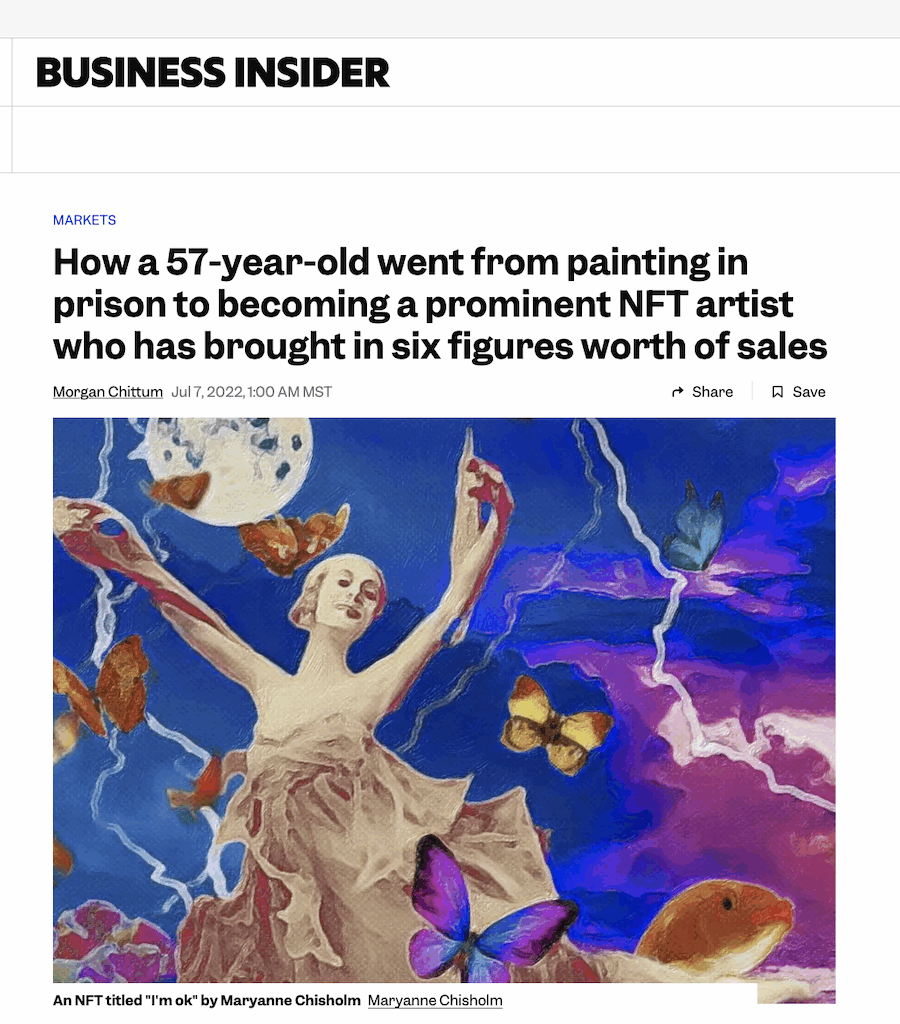Press for Business Insider that features artist Maryanne Chisholm as she discusses life after a wrongful conviction that resulted in 14 years in prison before winning relief on appeal.